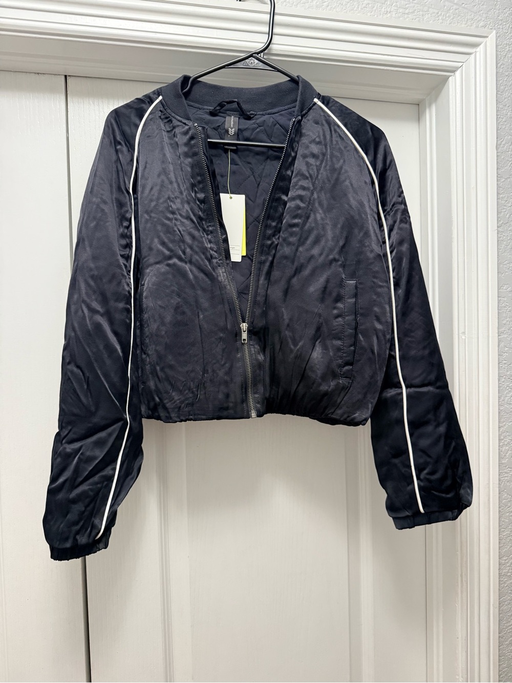 all in motion Black Cropped Bomber Jacket with White Piping